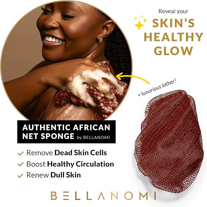 BELLANOMI African Exfoliating Net Sponge, Authentic, Ethically sourced from Nigeria, 45 inches Long, Back Scrubber for Daily use (Copper Brown)