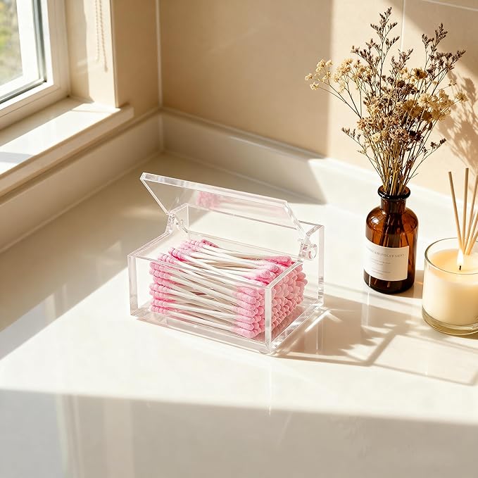 Dealpoli Clear Acrylic Qtip Holder with Lid, Cotton Balls Swab Organizer, 3.9" x 2.8" x 2" Dispenser for Makeup Pad, Floss Picks, Bath Salts, Cosmetic Storage Case, Home Bathroom Decor (DP051)