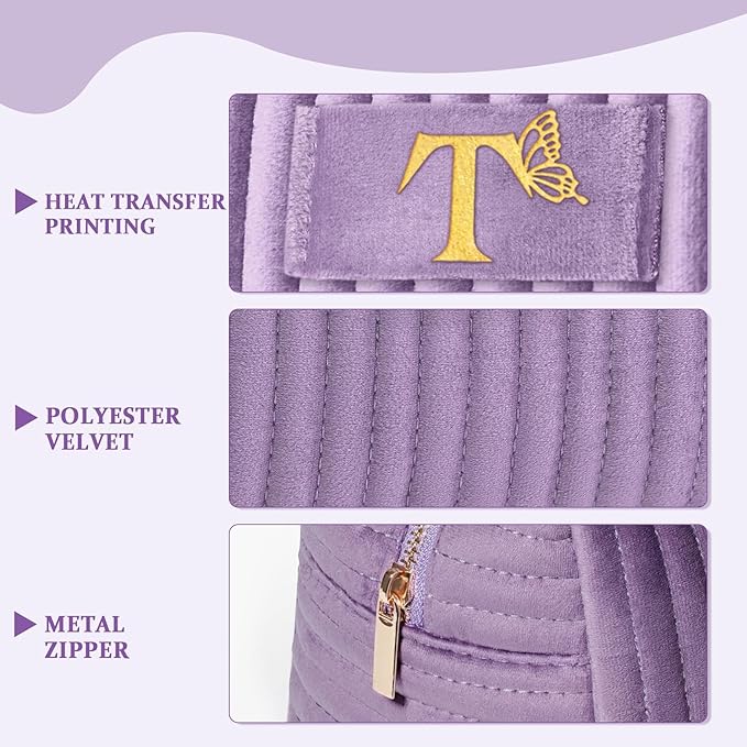 COSHAYSOO Sister Birthday Gifts for Women Best Friend Bestie Friendship Fashion Makeup Bag Make Up Cosmetic Pouch Travel Size Toiletries Skin Care Essentials Organizer Purple Velvet Initial Letter T