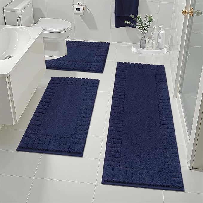 Pauwer Bathroom Rugs Sets 3 Piece, Microfiber Bath Mat Set, Navy Blue