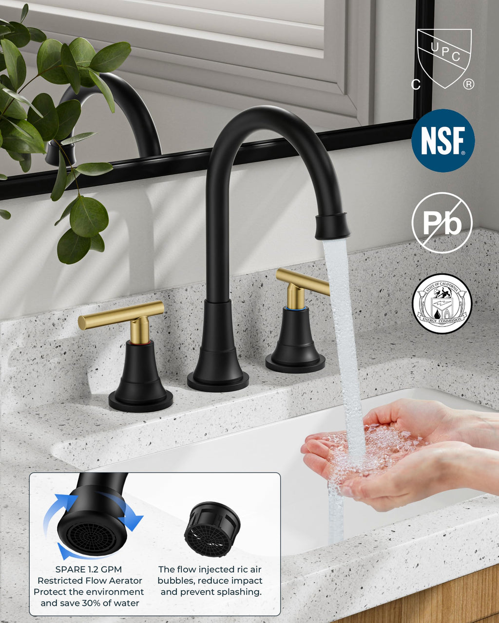 FORIOUS 8 Inch Widespread 3 Hole Bathroom Faucet Black and Gold, Mix Color