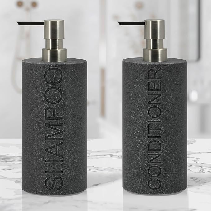 Indecor Home Resin 2 Pack Shampoo, Conditioner or Body Wash Dispenser Set, Luxurious Refillable Pump Bottles with Matte Pump Top and Embossed Text, Durable Design for Bathroom and Shower