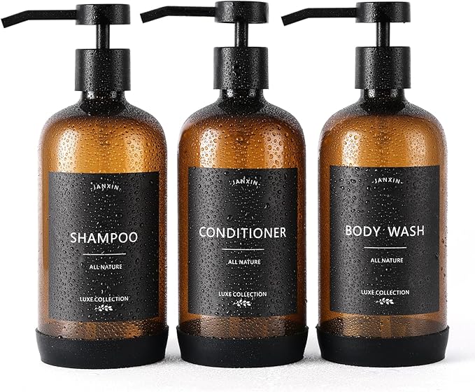 Janxin Shampoo and Conditioner Dispenser Set of 3,Refillable 21oz Shampoo Bottles with Non-Slip Protective Silicone Pad,Shower Soap Dispenser with Waterproof Labels for Bathroom (Amber)