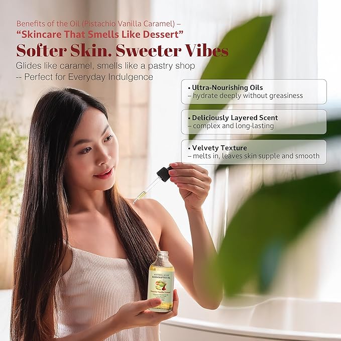 Soothing House Pistachio Vanilla Caramel Body Oil - Nourishing Body Moisturizer for Soft, Glowing Skin with Jojoba & Almond Oil (4 fl oz)