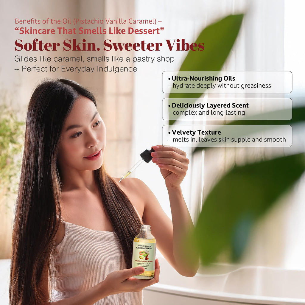 Soothing House Pistachio Vanilla Caramel Body Oil - Nourishing Body Moisturizer for Soft, Glowing Skin with Jojoba & Almond Oil (4 fl oz)