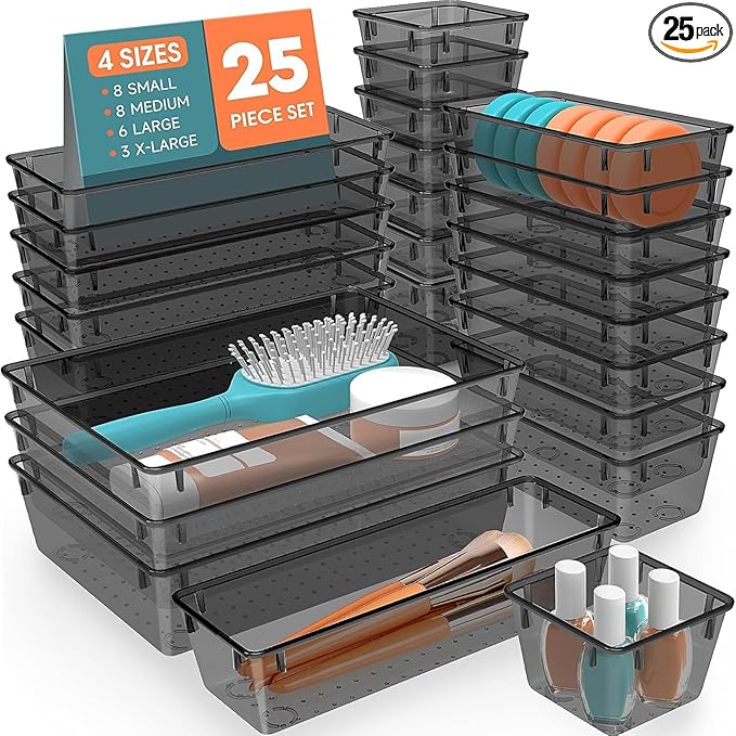 SpaceHacks 25 PCS Plastic Drawer Organizer, 4-Size Versatile Organizer Trays & storage Bins