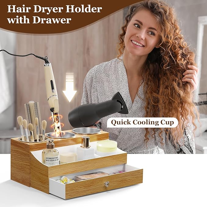 GFWARE Hot Hair Styling Tool Organizer with Drawer & 3 Cooling Cups, Wood