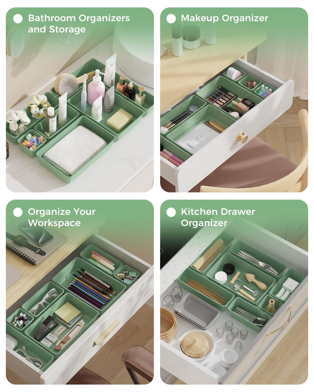 BiuLeon 25 PCS Plastic Drawer Organizers Set, 4-Sizes Vanity and Makeup Organizer, Desk and bathroom Drawer Organizer Trays, Organizers and Storage for Makeup, Jewelry, Gadgets, Utensils (Green)