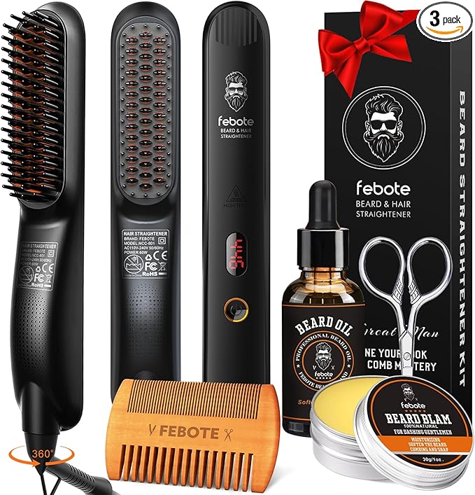 Beard Straightener Kit w/Beard Straightener, Beard Balm, Beard Growth Oil, Beard Styling Comb & Scissors, Upgraded 5-in-1 Beard Straightening, Unique Stocking Stuffer Gifts for Friend, Father & Him