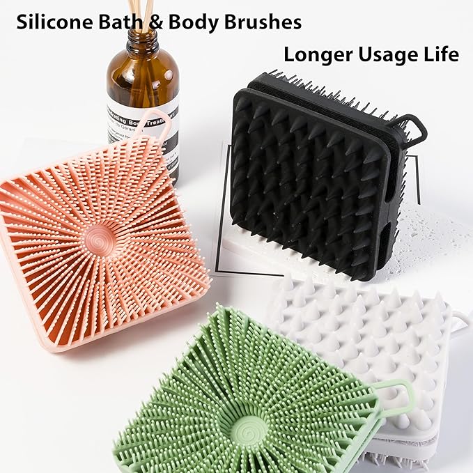 MtBoi 2 PC Silicone Exfoliating Body Scrubber, Body Shampoo Brush, Soft Silicone Loofah for Sensitive Skin, Shower Silicone Hair Scalp Massager, Easy to Clean, Lather Well(Gray&Pink)