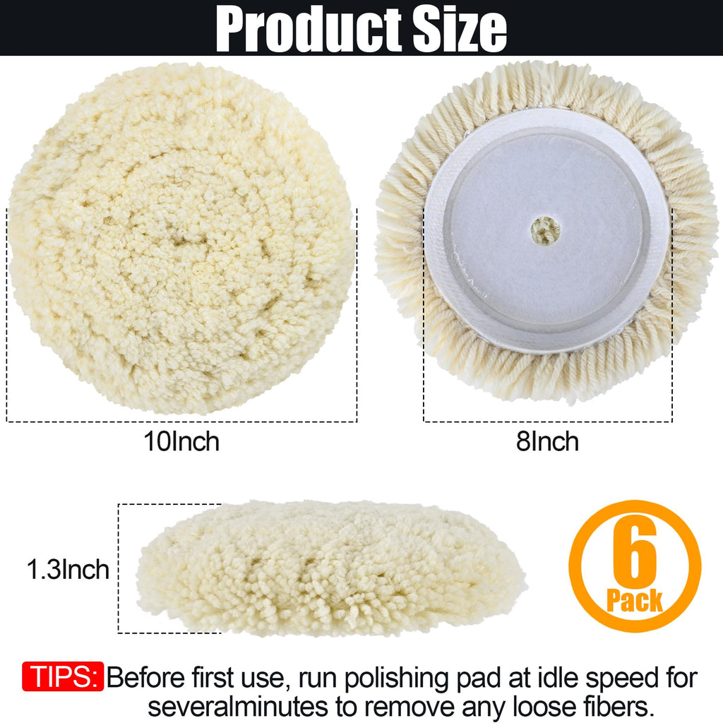 phepetroll 6 PCS Wool Buffing Polishing Pads - 8 Inch Natural Wool Cutting Pads with Hook and Loop Backing Compound & Polishing for Automotive Car Boats Glass Furniture Repair