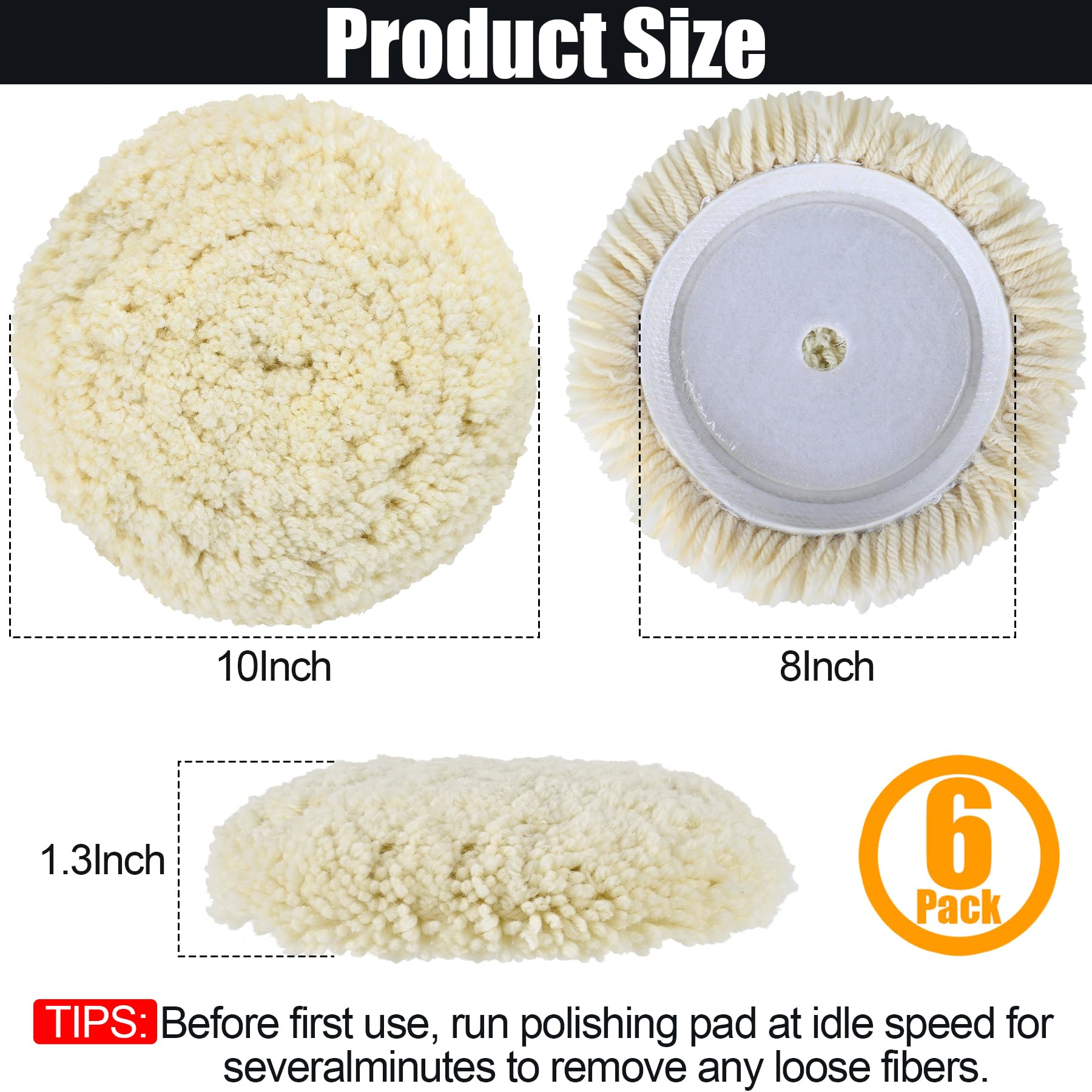 phepetroll 6 PCS Wool Buffing Polishing Pads - 8 Inch Natural Wool Cutting Pads with Hook and Loop Backing Compound & Polishing for Automotive Car Boats Glass Furniture Repair