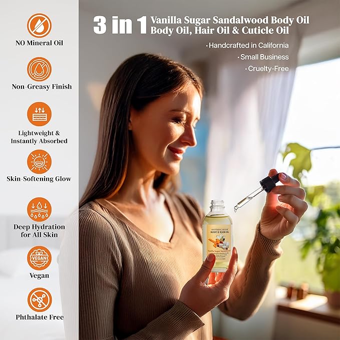 Soothing House Vanilla Sugar Sandalwood Body & Hair Oil – Inspired Warm Gourmand Scent – Hydrating & Nourishing Oil for Skin, Hair & Cuticles – Lightweight, Fast-Absorbing, 4 fl oz