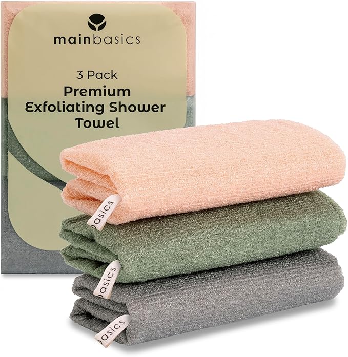 MainBasics Japanese Deep Exfoliating Shower Towel, 3 Pack, Earthy Love