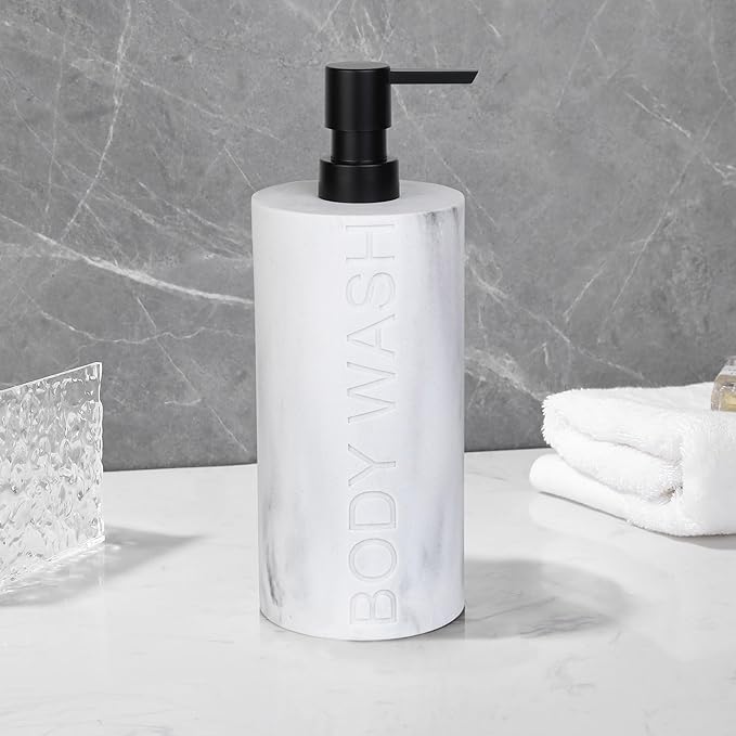 Indecor Home Resin White Marbled Body Wash Engraved Bottle Refillable Pump Dispenser, Durable Waterproof Construction for Bath, Shower - Resin White Marble - Matte Black Pump