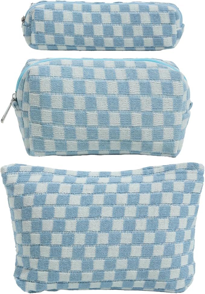 LYDZTION Large Capacity Makeup Bag Set - 3 Pieces Checkered Cosmetic Bag for Women Travel Makeup Bag Organizer Cute Makeup Brushes Storage Bag Travel Toiletry Bag Storage Bag for Women,Blue