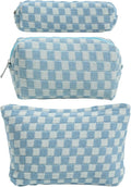 LYDZTION Large Capacity Makeup Bag Set - 3 Pieces Checkered Cosmetic Bag for Women Travel Makeup Bag Organizer Cute Makeup Brushes Storage Bag Travel Toiletry Bag Storage Bag for Women,Blue
