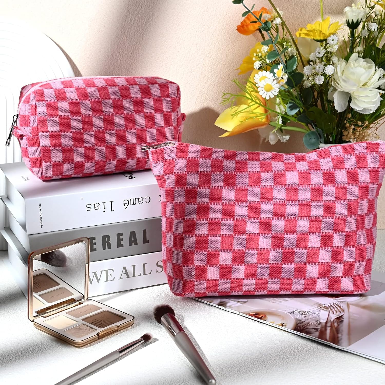 Travel Makeup Bag, Checkered Cosmetic Bag Make Up Organizer Case for Women, Small Toiletry Bag Skincare Pouch for Toiletries Accessories Brushes, 2PCS