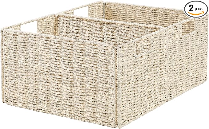 Vagusicc Wicker Storage Basket, Set of 2 Hand-Woven Paper Rope Wicker Basket, Small Storage Baskets for Organizing Toilet Paper Basket, Foldable Large Cube Storage Organizer Bins for Shelves (Beige)
