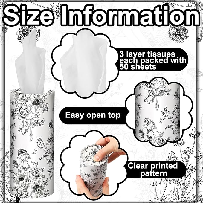 Zonon 8 Pcs Vintage Floral Round Tissues Holder Car Tissues Cylinder with Facial Tissue Bulk Black Flower Tissue Box Travel Tube for Spring Car Decoration with 50 Sheets for Cup Holder Round Container