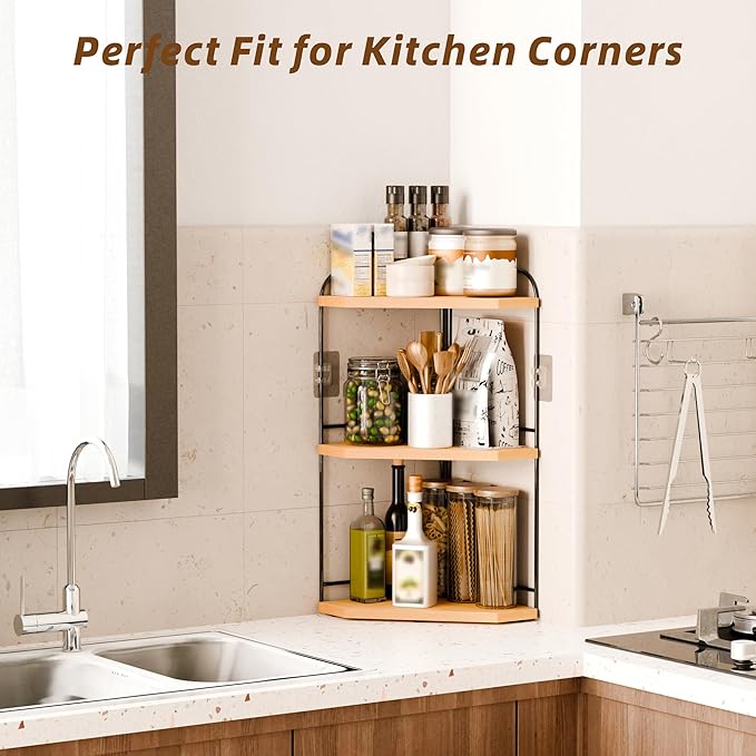 Corner Bathroom Counter Organizer, 3-Tier Wood Countertop Organizer for Perfume, Makeup Storage, Skincare Organizers for Vanity, Counter Corner Shelf for Kitchen, Bathroom, Dresser (Natural)