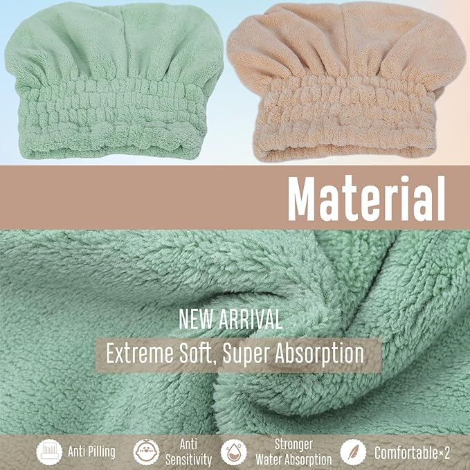 CACASO Microfiber Hair Drying Towel, 2 Pcs, Khaki Green