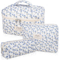 Gosect Makeup Bag Set, Quilted Makeup Bag, Large Floral Cosmetic Bag for Women, Cute Cotton Makeup Bags, Flower Travel Toiletry Organizer Bag (Blue Peacock Flower)