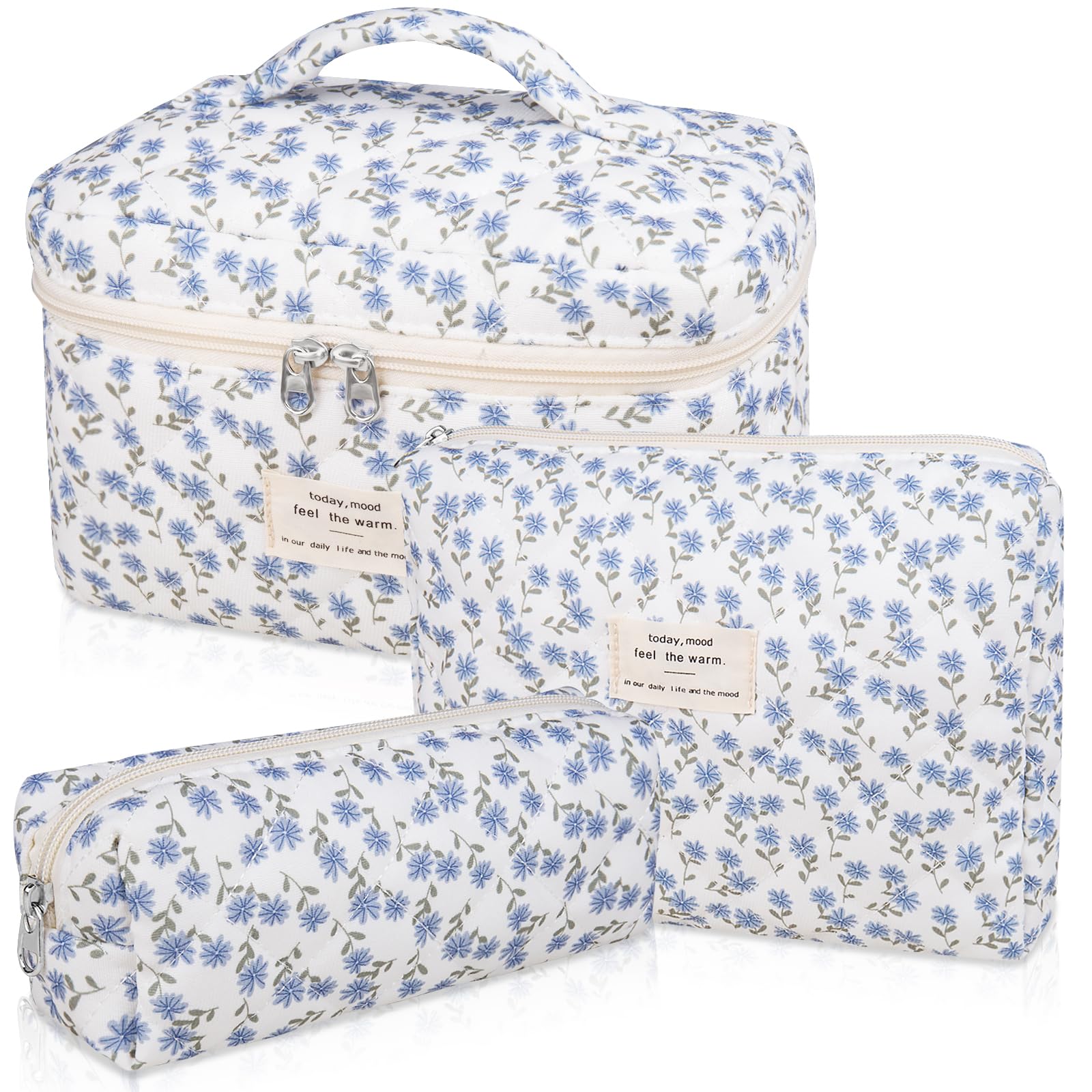 Gosect Makeup Bag Set, Quilted Makeup Bag, Large Floral Cosmetic Bag for Women, Cute Cotton Makeup Bags, Flower Travel Toiletry Organizer Bag (Blue Peacock Flower)