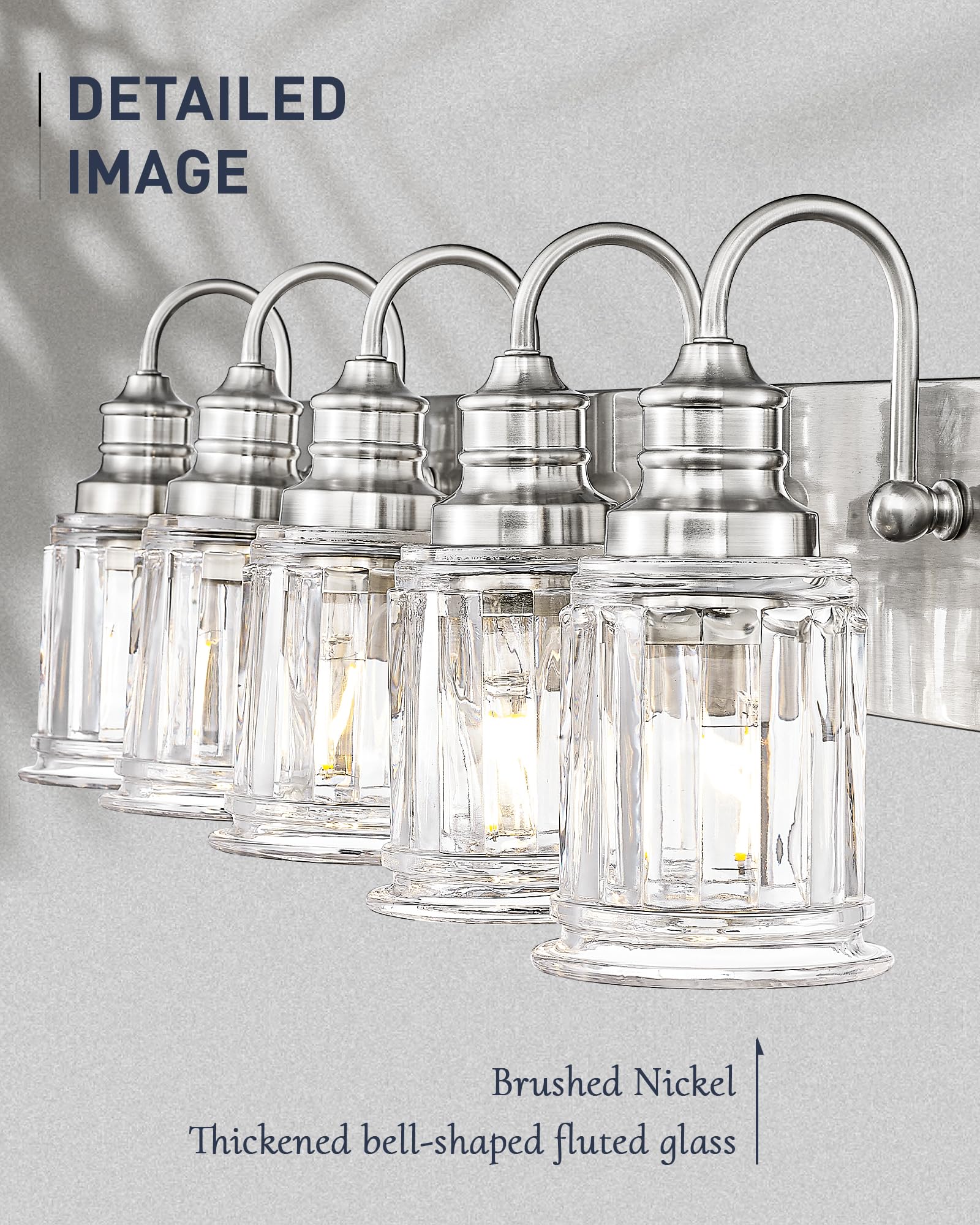 Bathroom Light Fixtures, HWH 5-Light Vanity Light, Modern Brushed Nickel Wall Lighting Over Mirror, Bell-Shaped Striped Glass, 5HZG106B-5W BN