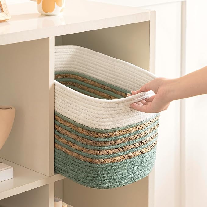 UBBCARE 3 Pack Baskets for Organizing, Woven Storage Baskets for Toys and Towel, Rectangle Cotton Rope Basket with Handles, 14''L x 8''W x9''H, Green