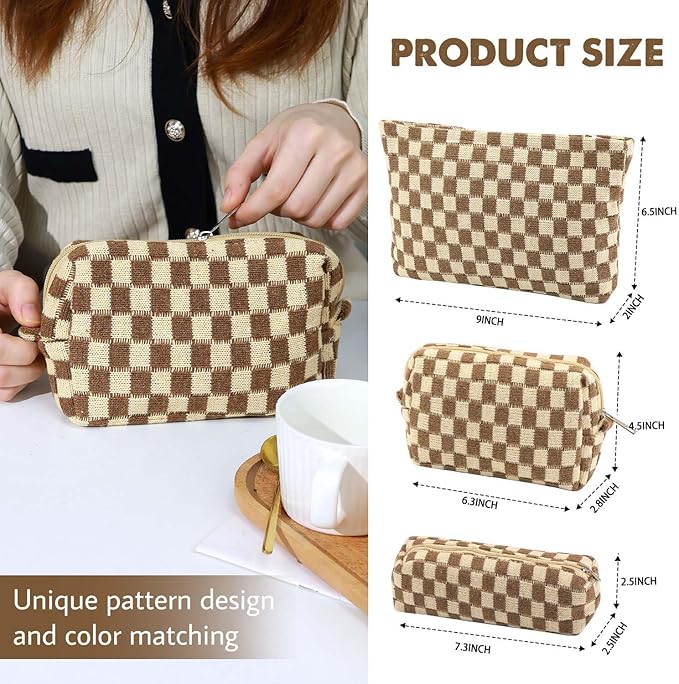 Gocvo 3 Pcs Makeup Bag Cosmetic Bag Set for Girls Women Checkered Travel Organizer Bathroom Toiletry Pouch Large Capacity Storage Bag (Brown)