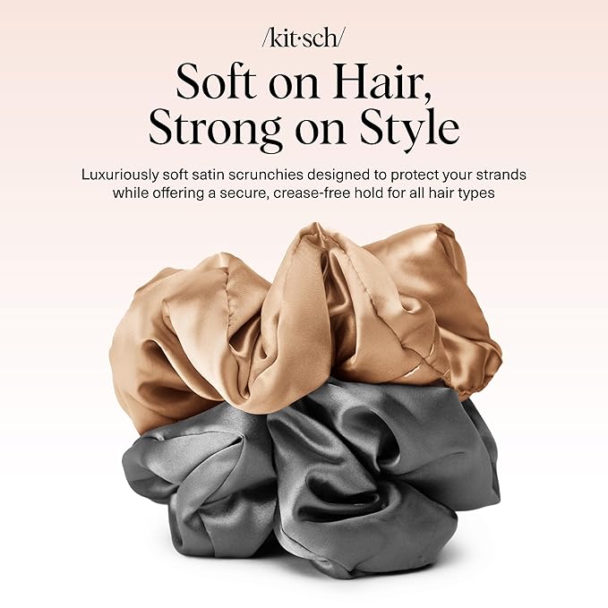 Kitsch Satin Scrunchies for Women - No Crease, Frizz Control | Softer Than Silk Scrunchies Gentle On Hair Scrunchies for All Hair Types | Stylish Hair Accessories - Charcoal & Gold, 2pcs