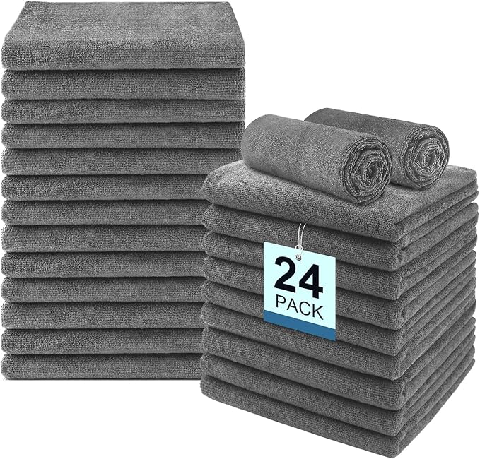 24 Pack Gym Towels Set - Highly Absorbent and Quick Drying Microfiber Salon Towels, Premium Hand Cloths for Bathroom, Gym, Shower, Hotel, and Spa - 16x27 inch (Grey)