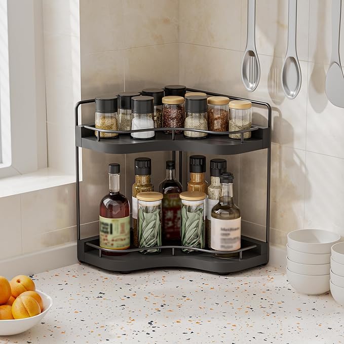 Aollewoiti 2-Tier Corner Bathroom Counter Organizer with Embedded Screw Holes, Secure & Stable Wood Vanity Shelf for Makeup and Skincare Essentials - Space Saving Bathroom Countertop Storage, Black