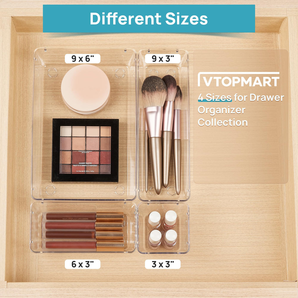 Vtopmart 10 Pack Clear Drawer Organizer Bins, 4 Sizes Makeup Storage Trays