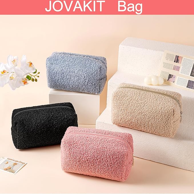 JOVAKIT Travel Makeup Bag Cosmetic Bag for Women, Fashion Christmas Gifts, Plush Zipper Make Up Pouch, Large Capacity Toiletry Organizer Makeup, Portable Storage Bag Trendy Stuff (Rose Red)