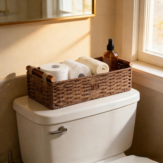 Back of Toilet Basket, Brown Wicker Toilet Tank Basket for Toilet Paper Storage, Basket for Toilet Tank Top, Decorative Bathroom Organizer for Towels & Essentials