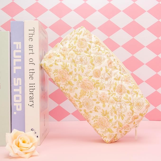 PAZIMIIK Small Quilted Makeup Bag,Zipper Cosmetic Pouch,Rose Beige