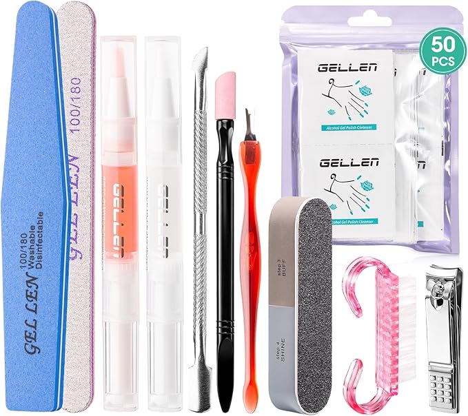 GELLEN Nail Cleanser Pads 50PCS with 10PCS Manicure Tools Kit: Ceramic Cuticle Pusher Pen, Remover and Cuticle Oil Nail Prep Care Kit, Nail File 100/180, Polishing Buffer, Nail Clipper & Brush