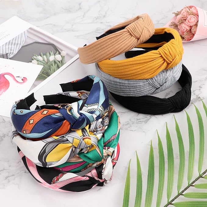 DRESHOW 8 Pack Boho Fashion Turban Headbands for Women Girls, Knotted Headbands, Ribbed Knitted Fabric, Printed Vintage Plastic Hair Bands, Hair Accessories