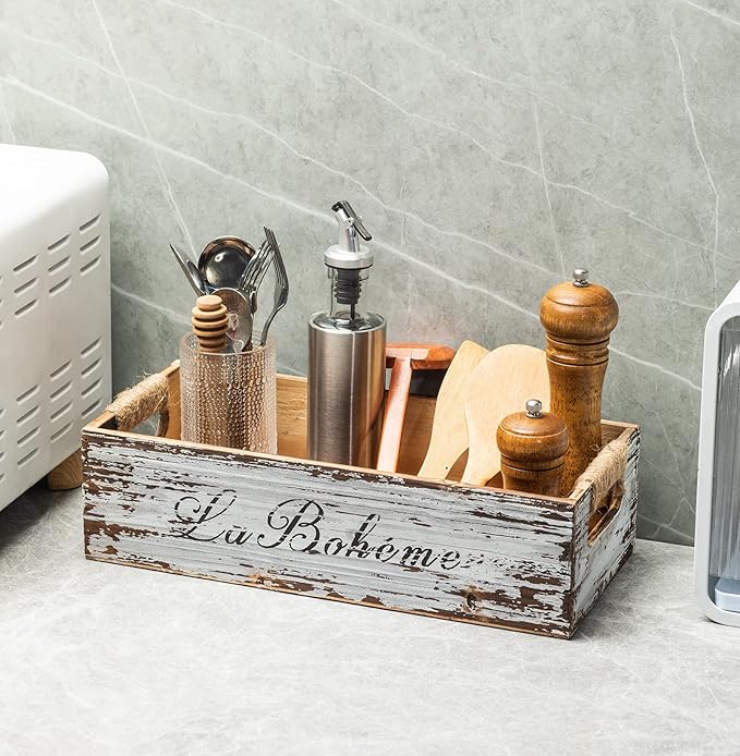 TIMRIS Farmhouse Distressed Wooden Storage Box, Rustic Bathroom Decor Box, Decorative Toilet Tank Basket, Vintage Countertop Organizer Box with Handles (Distressed White)