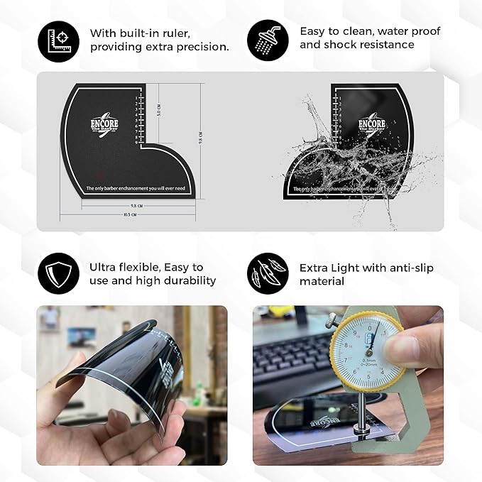 ENCORE THE BARBER Enhancement Card (Black) | for barbers | crispy lines | hairline repair | Beard lineup | Outline shapeup tool | Design ruler | fiber application guide | waterproof