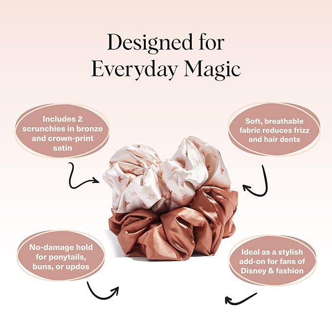 Kitsch & Disney Satin Scrunchies for Women - No Crease Hair Ties for Girls | Big Scrunchies with All Hair Types and Textures, Perfect for Day or Night - 2 Pcs, Desert Crown