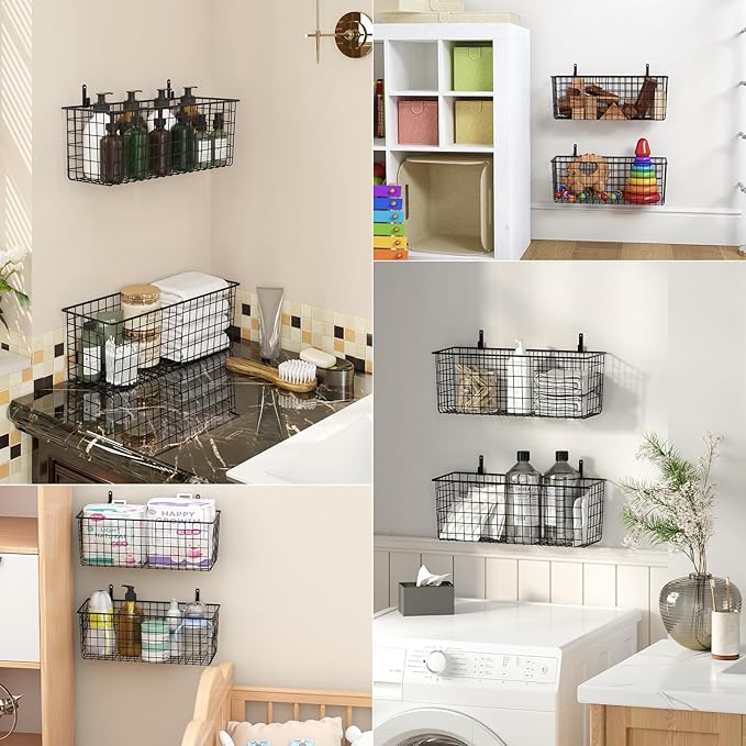 2 Sets Extra Large Hanging Wall Basket, Black Metal Wire Baskets with Steel Hooks for Organizing, WallmountedFruit Vegetable Toy Snack Storage, Home Kitchen Bathroom Laundry Pantry Organizer