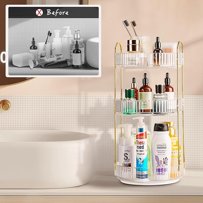 Niluks 360 Rotating Makeup Organizer, 3 Tier Large Capacity Lazy Susan Bathroom Counter Organizer, Skincare Organizers, Spinning Perfume Organizer & Vanity Organizer Countertop (Golden Clear, 3 Tier)