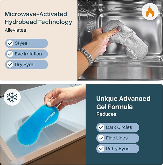 MyHalos 2-in-1 Hot & Cold Gel Eye Mask - Cooling Eye Mask for Puffiness, Fine Lines, Sinus Relief & Stye, Migraine, Puffy, Heated, Cold Ice Face Pack Compress Freezer