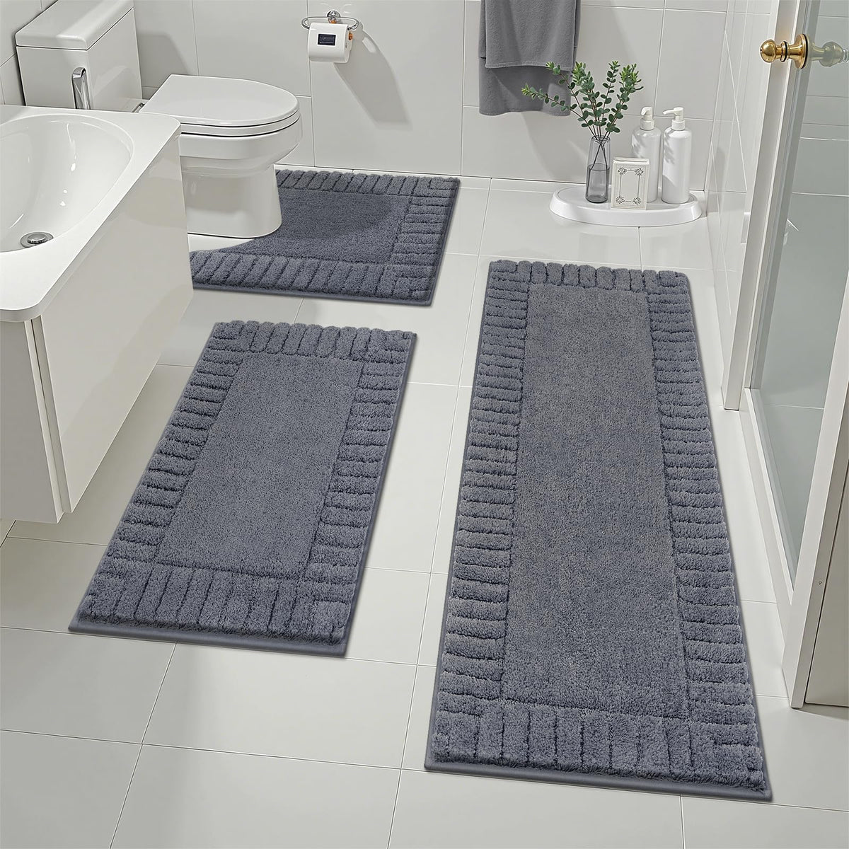 Pauwer Bathroom Rugs Sets 3 Piece, Microfiber Bath Mat Set, Black