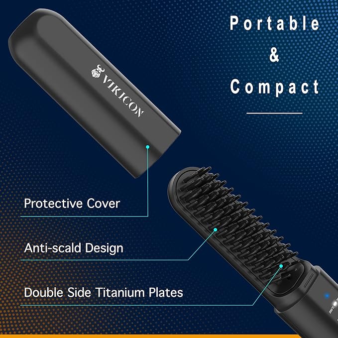 VIKICON Beard Straightener for Men: Cordless Heated Beard Brush for Men, Electric Hot Comb, Anti-Scald Mini Straightening Brush for Beard Grooming, Portable for Travel and Home Use, Gifts for Him Dad