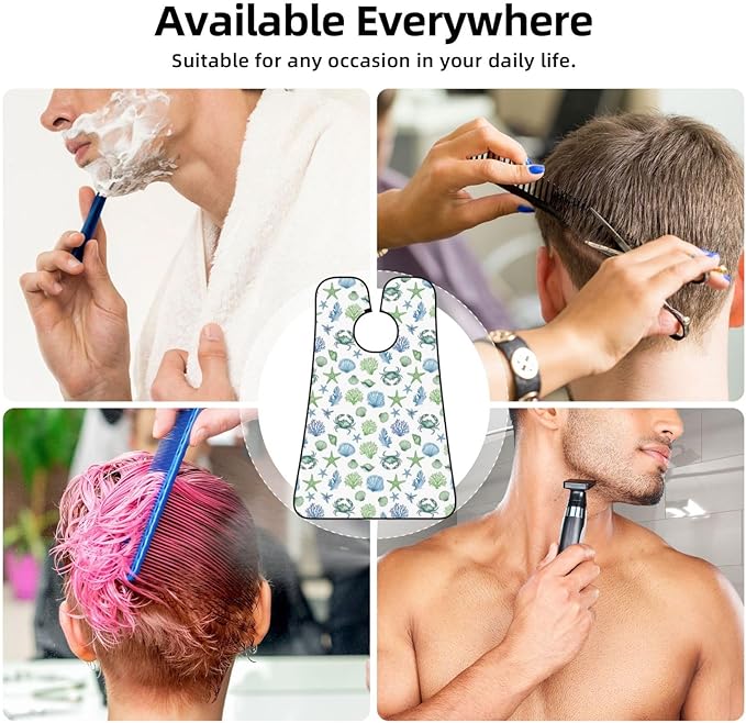 Beard Shaving Cape with Suction Cups, Under Sea Ocean Starfish Shell Coral Crab Watercolor Shave Bib, Non-Stick Waterproof Hair Catcher, Grooming Bib for Men Husband