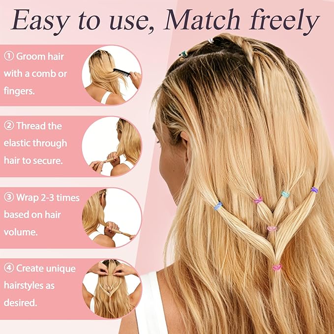 1000pcs Mini Hair Rubber Bands, Soft & Durable Plastic Elastic Hair Ties for Little Girls, Stretch Ponytail Ties for Kids Hairstyles and Braids